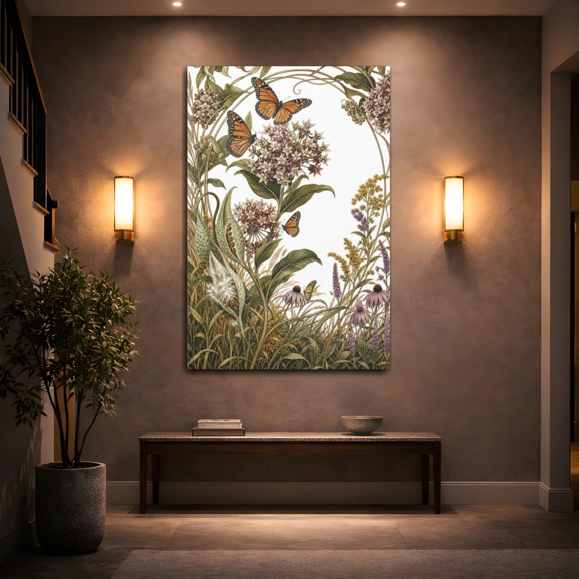 Mockup 2. Vintage Botanical Illustrations Monarch Butterflies Nature shown as canvas print
