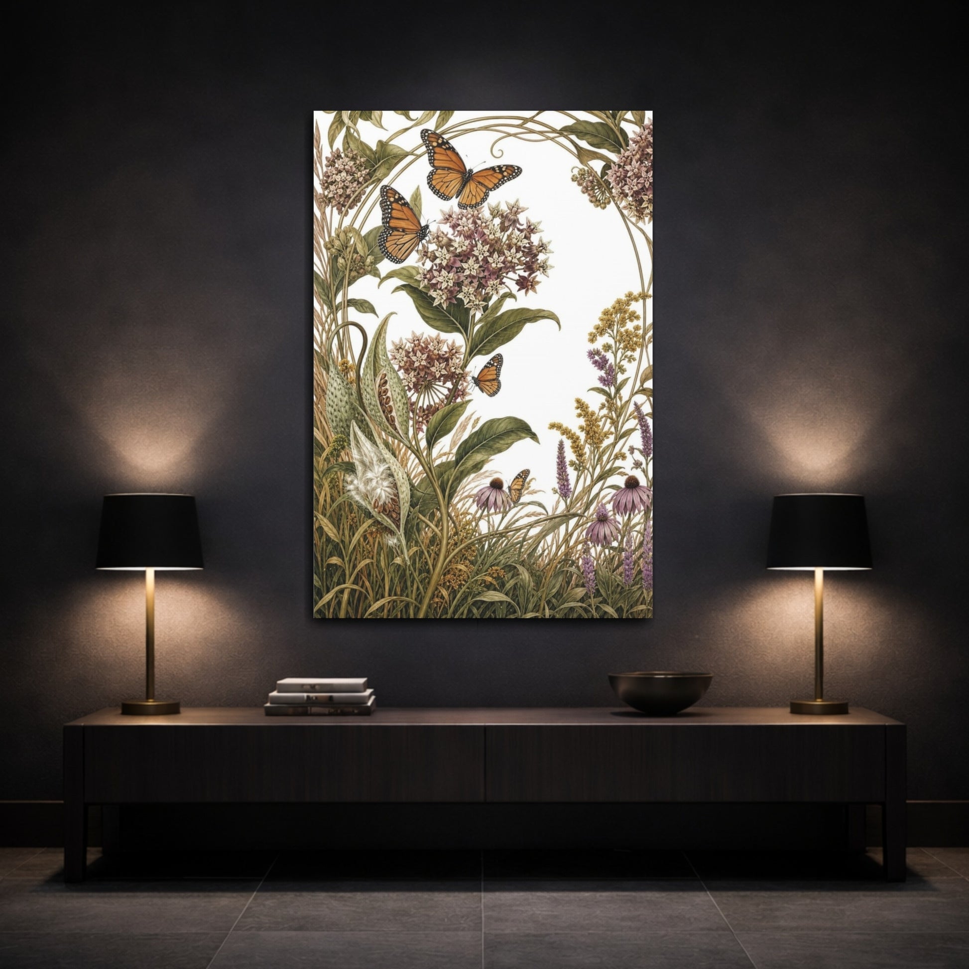 Mockup 3. Vintage Botanical Illustrations Monarch Butterflies Nature shown as canvas print