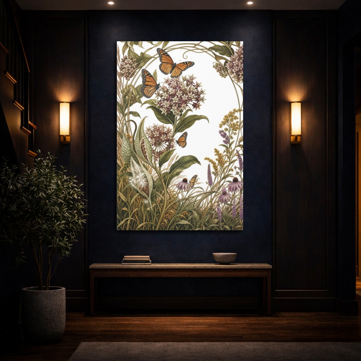 Mockup 4. Vintage Botanical Illustrations Monarch Butterflies Nature shown as canvas print