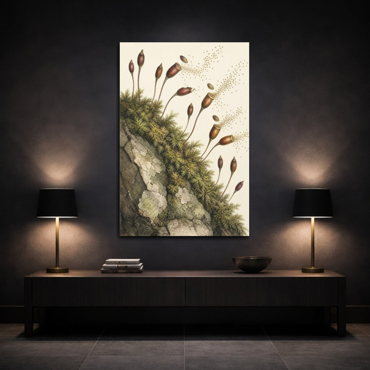 Vintage Botanical Illustrations Moss Capsules Nature Canvas Print – Living Room, Above Fireplace - YesArtYes