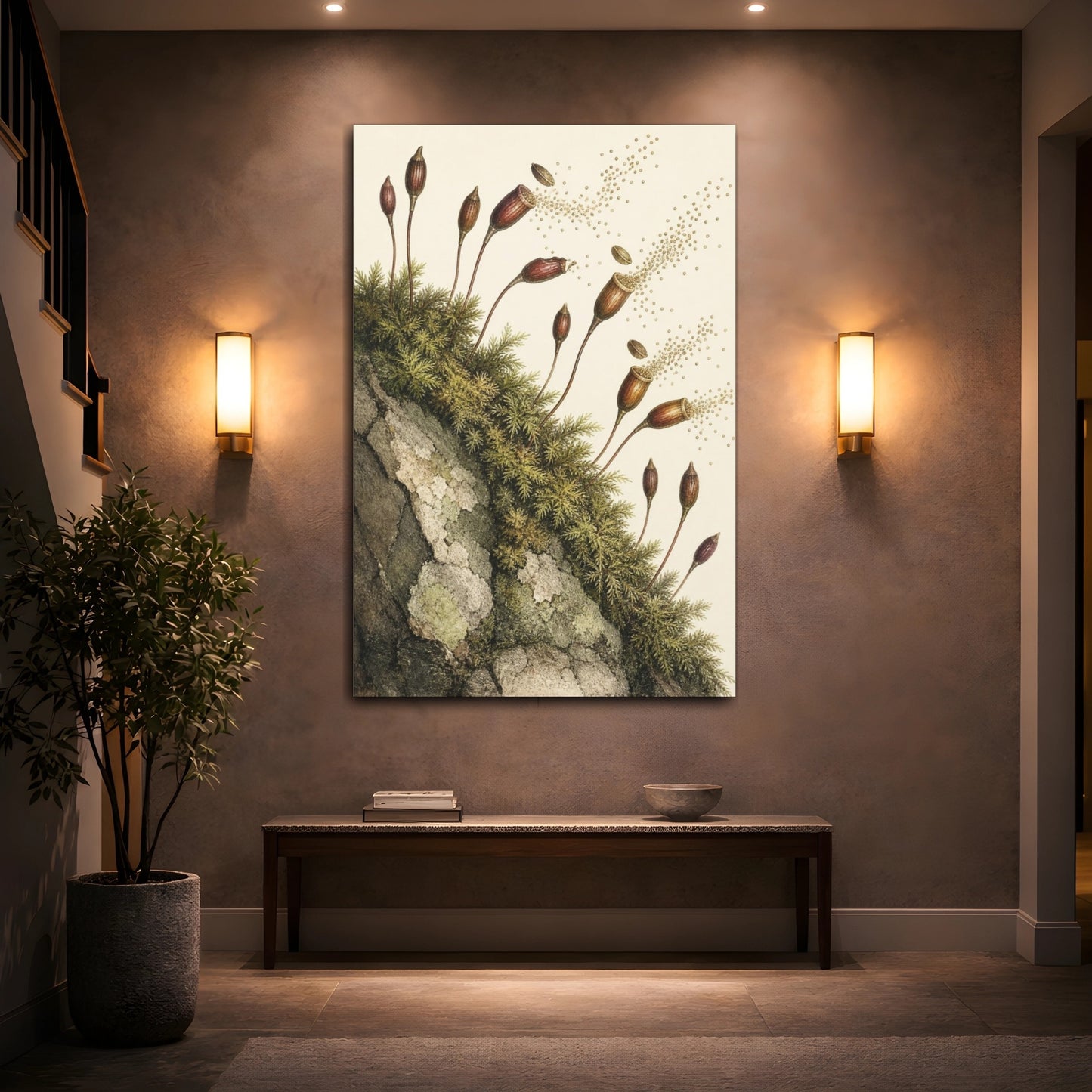 Mockup 2. Vintage Botanical Illustrations Moss Capsules Nature Seedpods shown as canvas print