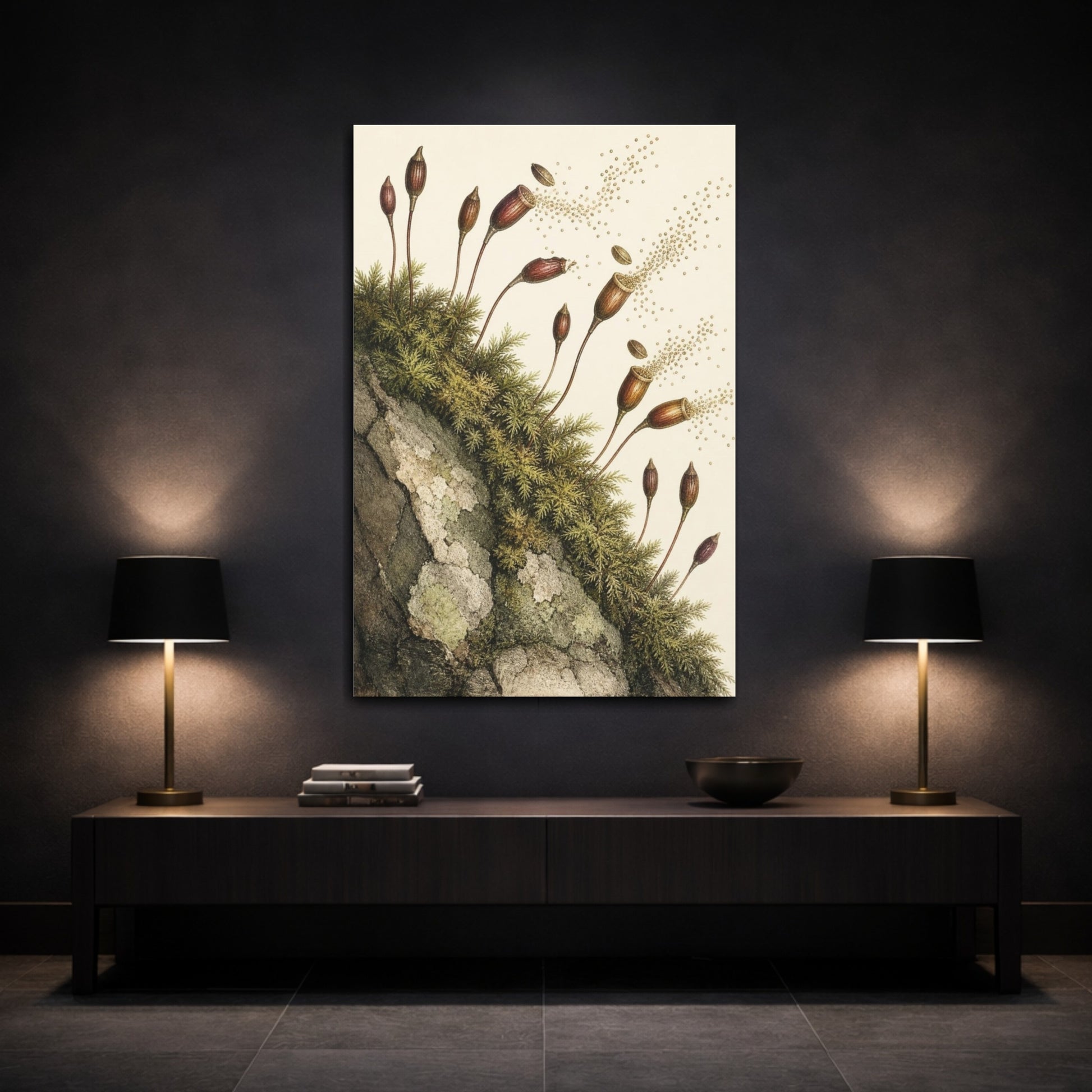 Mockup 3. Vintage Botanical Illustrations Moss Capsules Nature Seedpods shown as canvas print