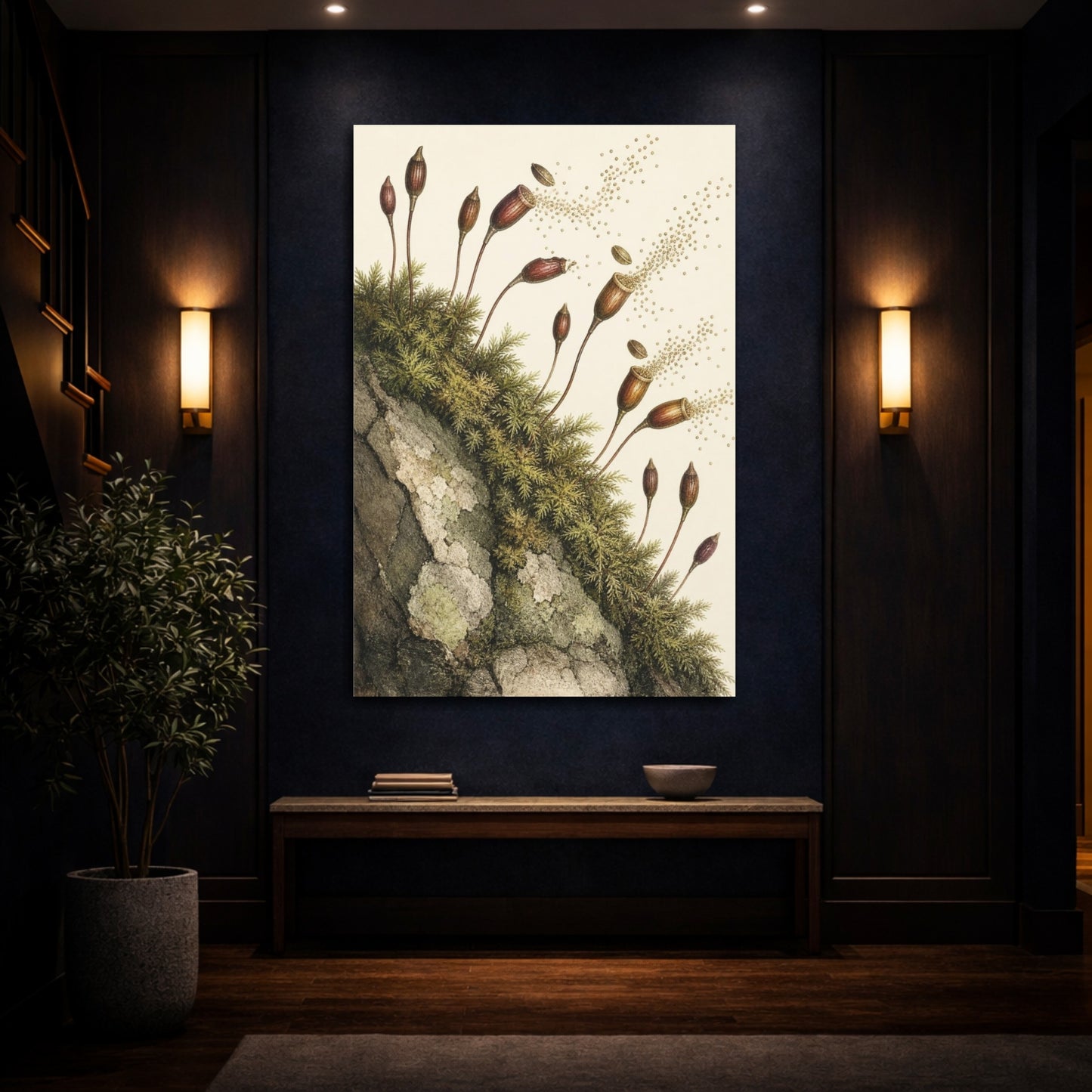 Mockup 4. Vintage Botanical Illustrations Moss Capsules Nature Seedpods shown as canvas print