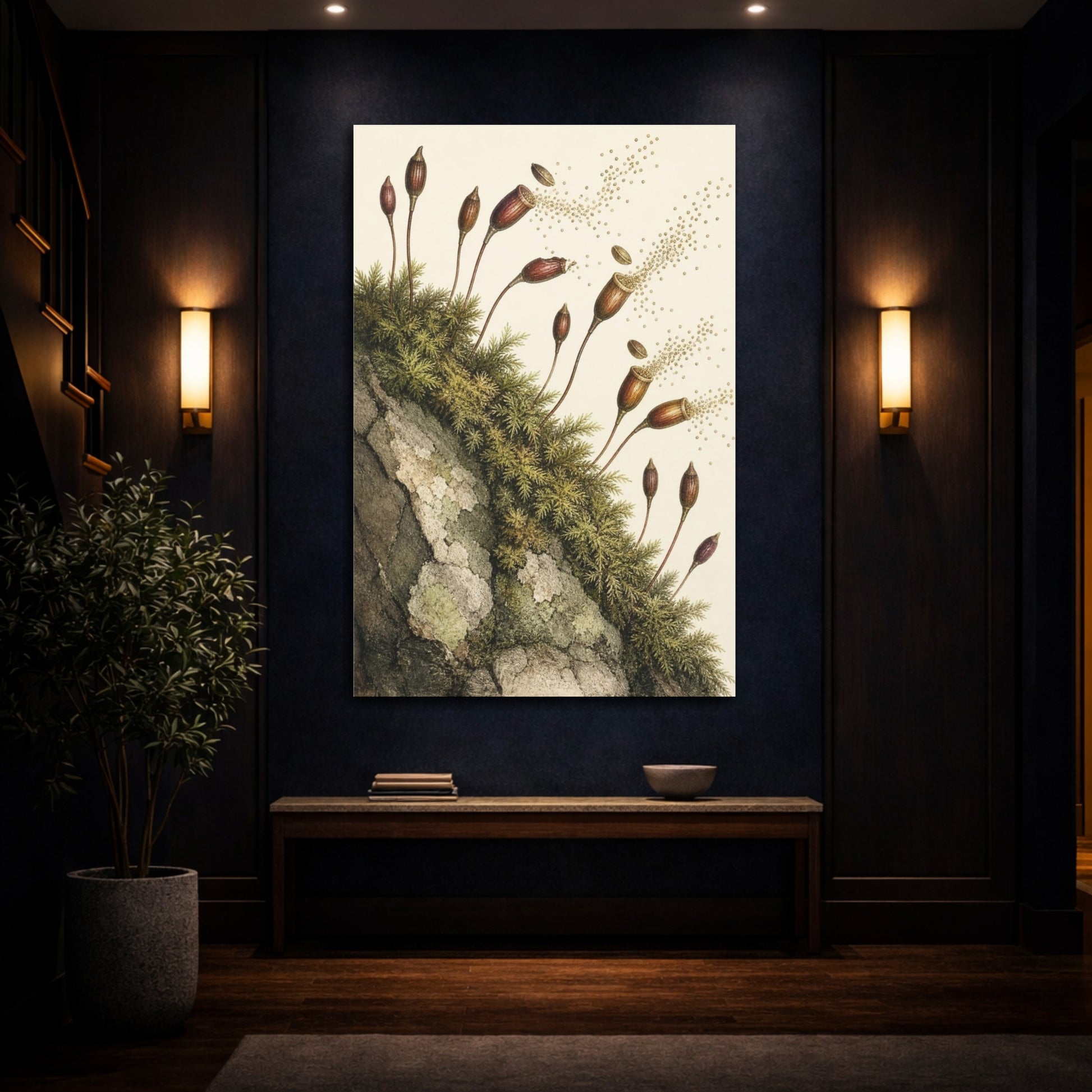 Mockup 4. Vintage Botanical Illustrations Moss Capsules Nature Seedpods shown as canvas print
