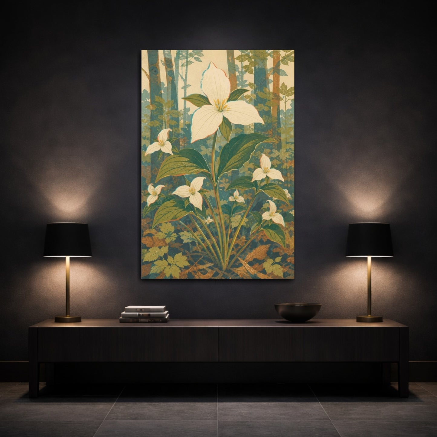 Mockup 3. Vintage Botanical Illustrations White Flower Floral Forest Bloom shown as canvas print
