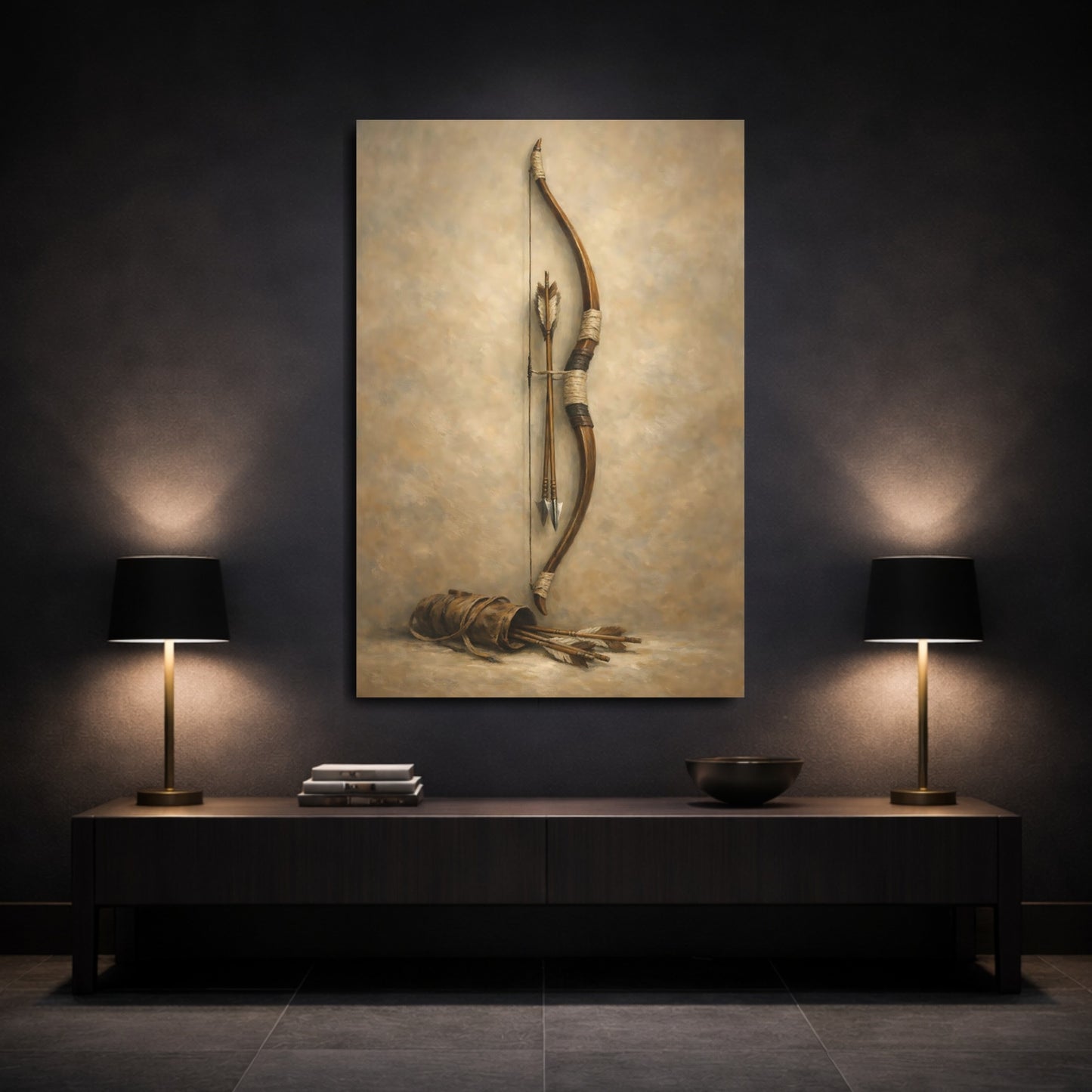 Mockup 2. Vintage Bow And Arrows Brown And Beige shown as stretched canvas wall art