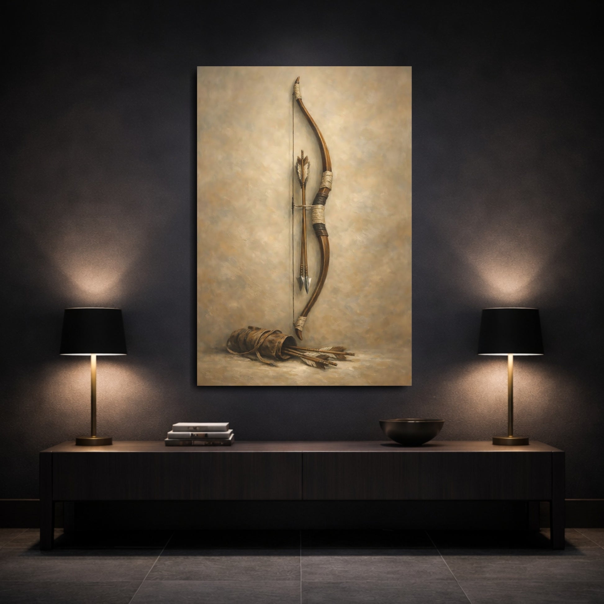 Mockup 2. Vintage Bow And Arrows Brown And Beige shown as stretched canvas wall art