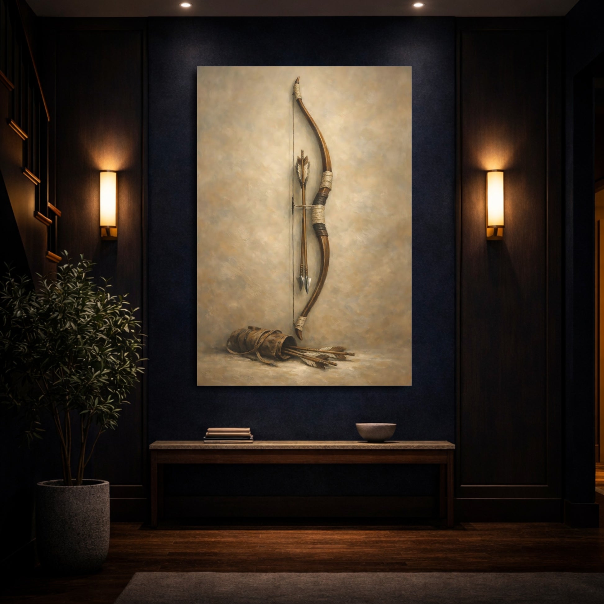 Mockup 3. Vintage Bow And Arrows Brown And Beige shown as stretched canvas wall art
