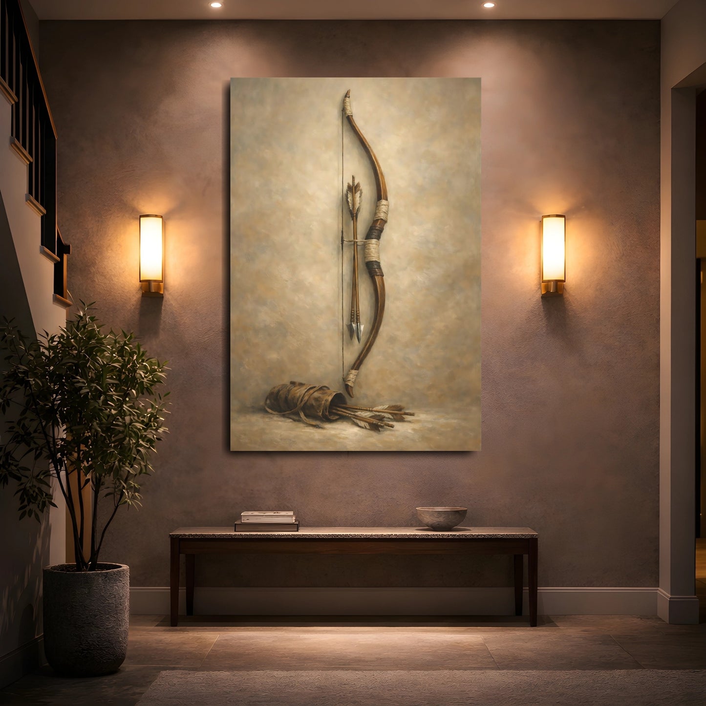 Mockup 4. Vintage Bow And Arrows Brown And Beige shown as stretched canvas wall art