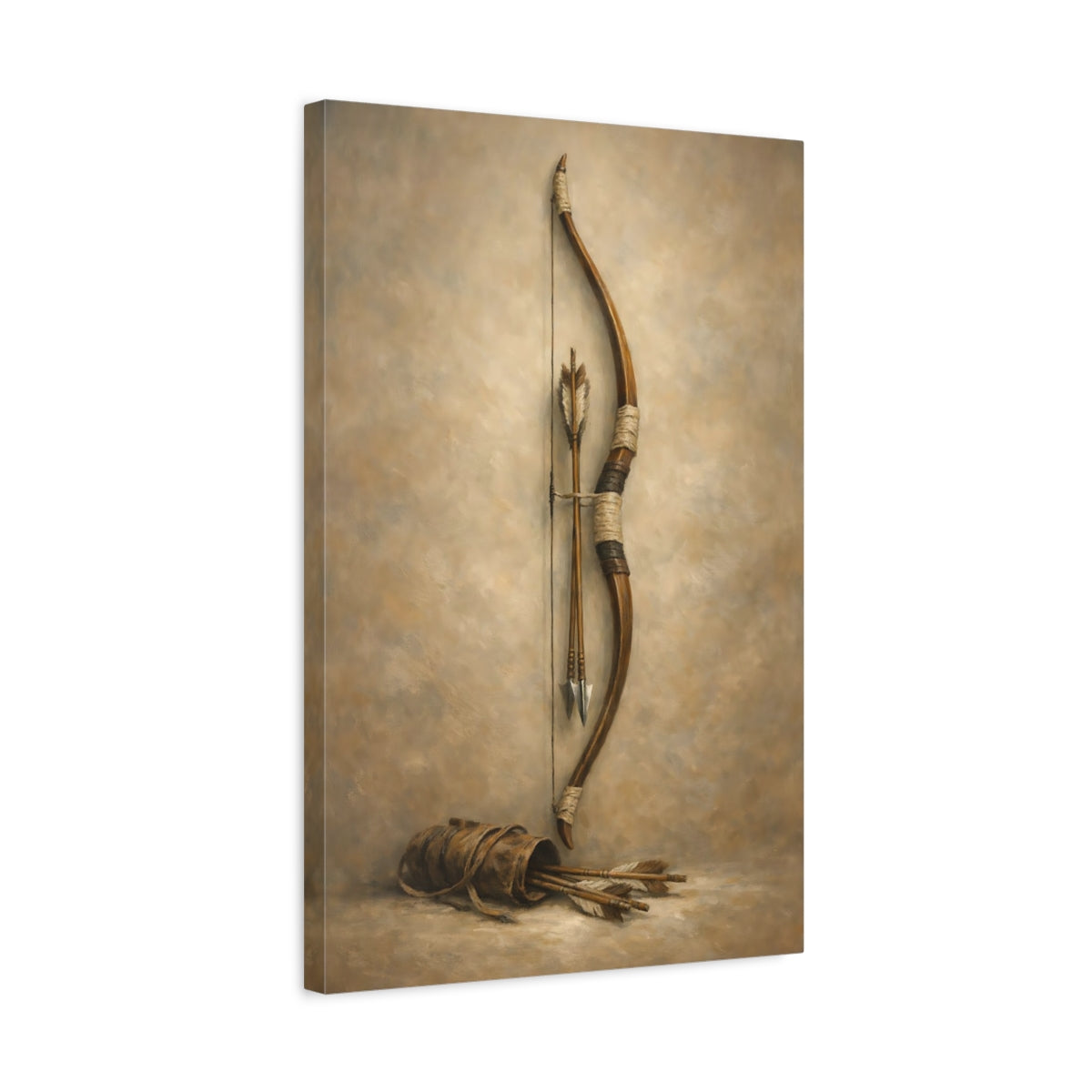 Side Mockup 3. Vintage Bow And Arrows Brown And Beige shown as stretched canvas wall art