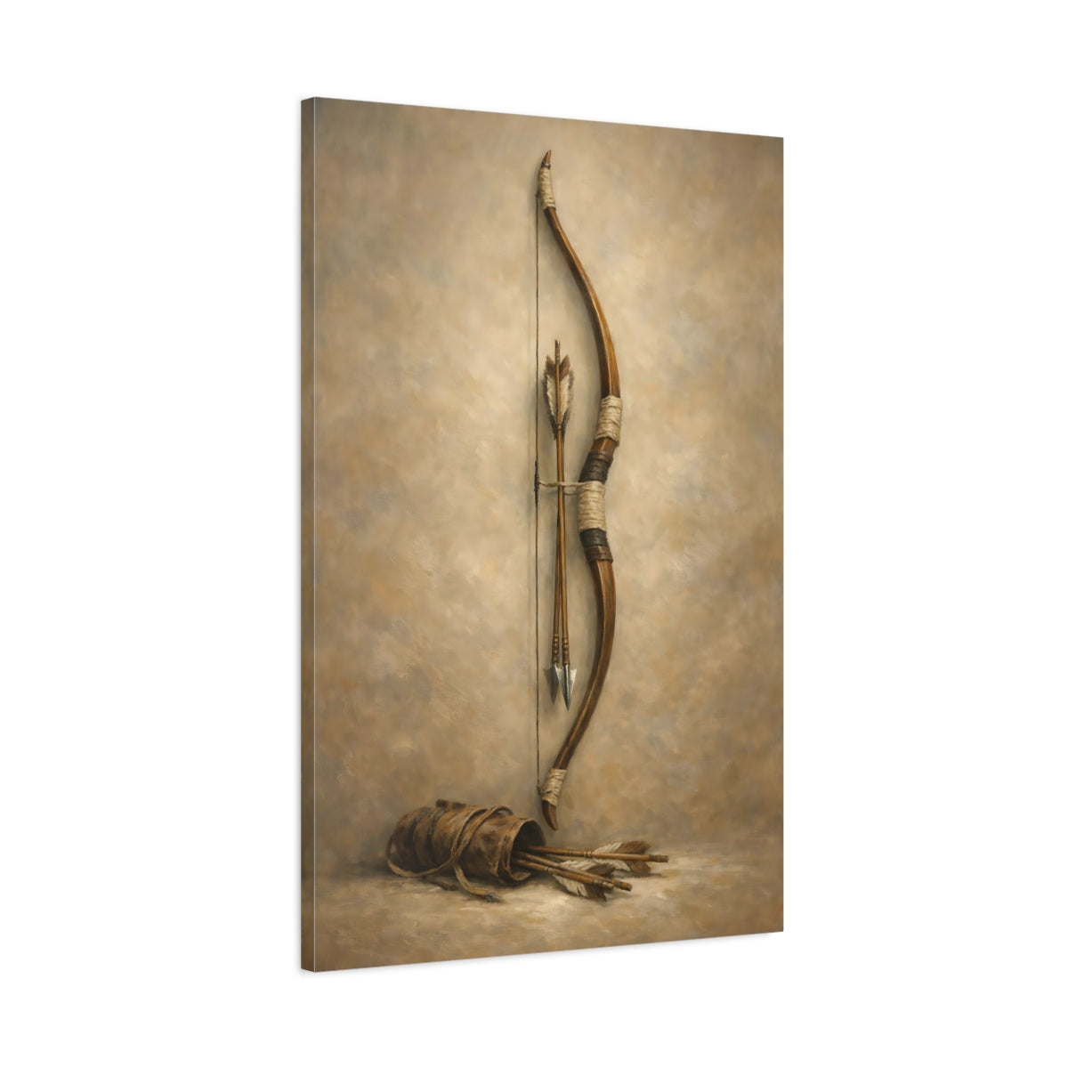 Side Mockup 1. Vintage Bow And Arrows Brown And Beige shown as stretched canvas wall art