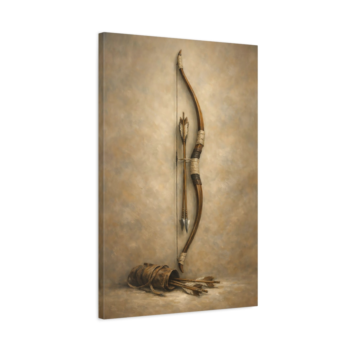 Side Mockup 2. Vintage Bow And Arrows Brown And Beige shown as stretched canvas wall art