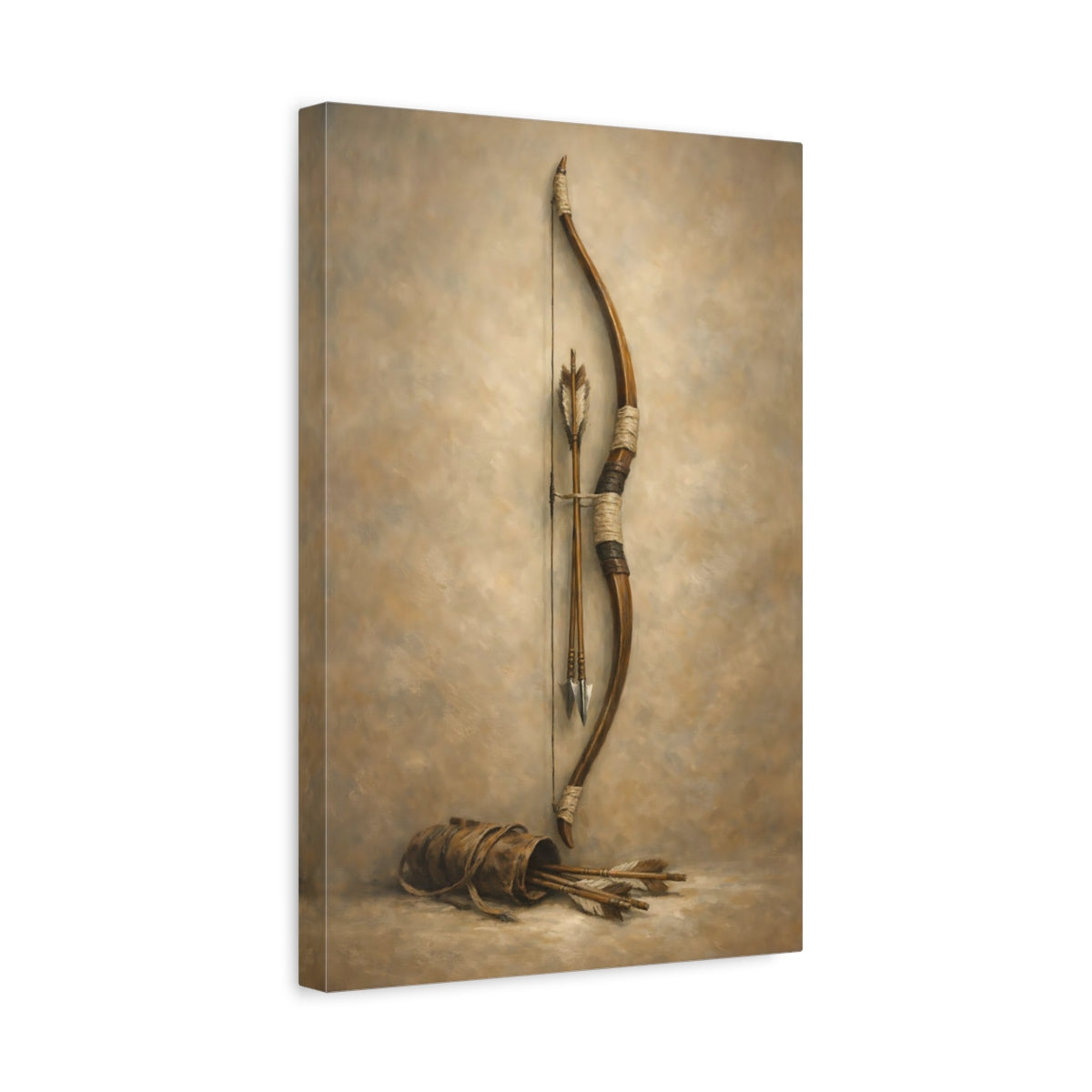 Side Mockup 4. Vintage Bow And Arrows Brown And Beige shown as stretched canvas wall art