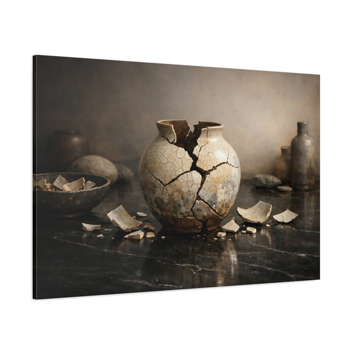 Main Mockup. Vintage Broken Vase Broken Pottery Still Life shown as stretched canvas wall art