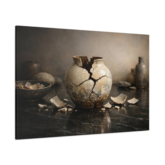 Main Mockup. Vintage Broken Vase Broken Pottery Still Life shown as stretched canvas wall art
