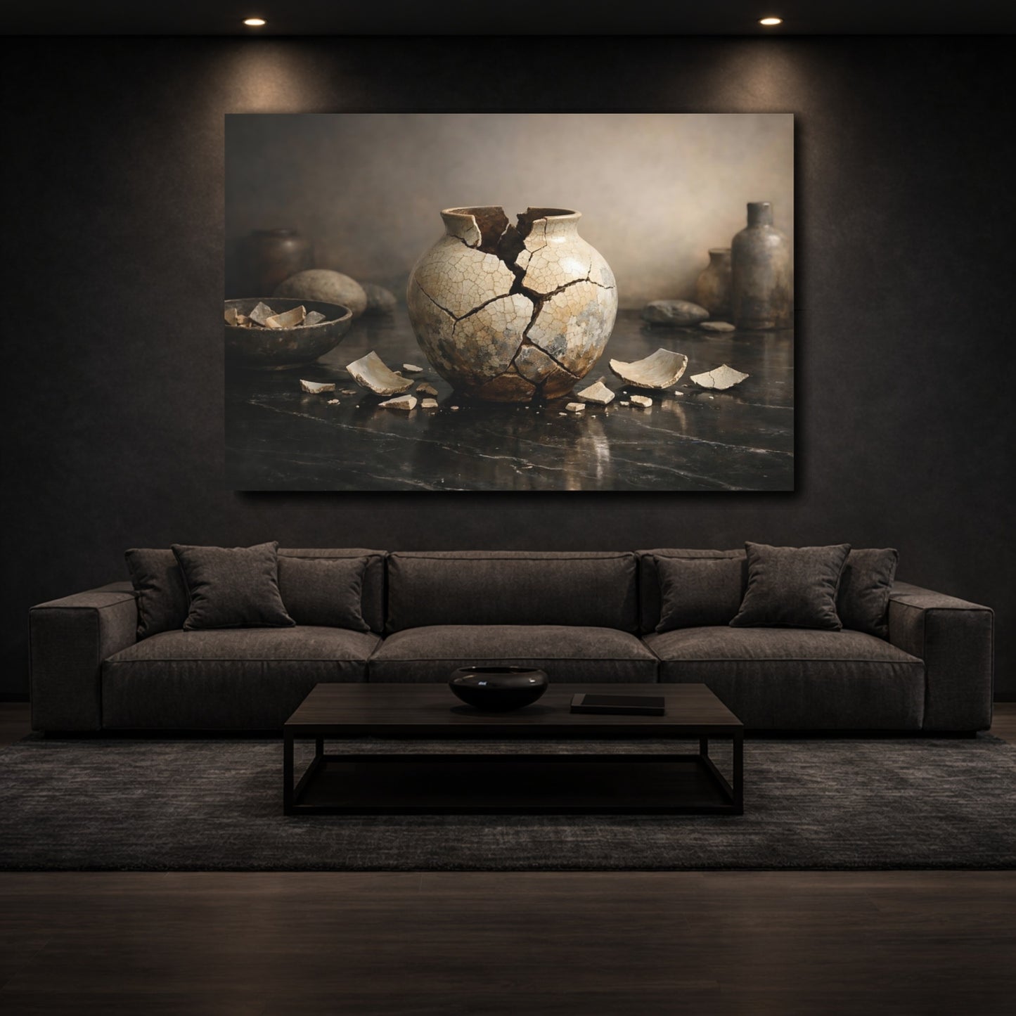 Mockup 2. Vintage Broken Vase Broken Pottery Still Life shown as stretched canvas wall art