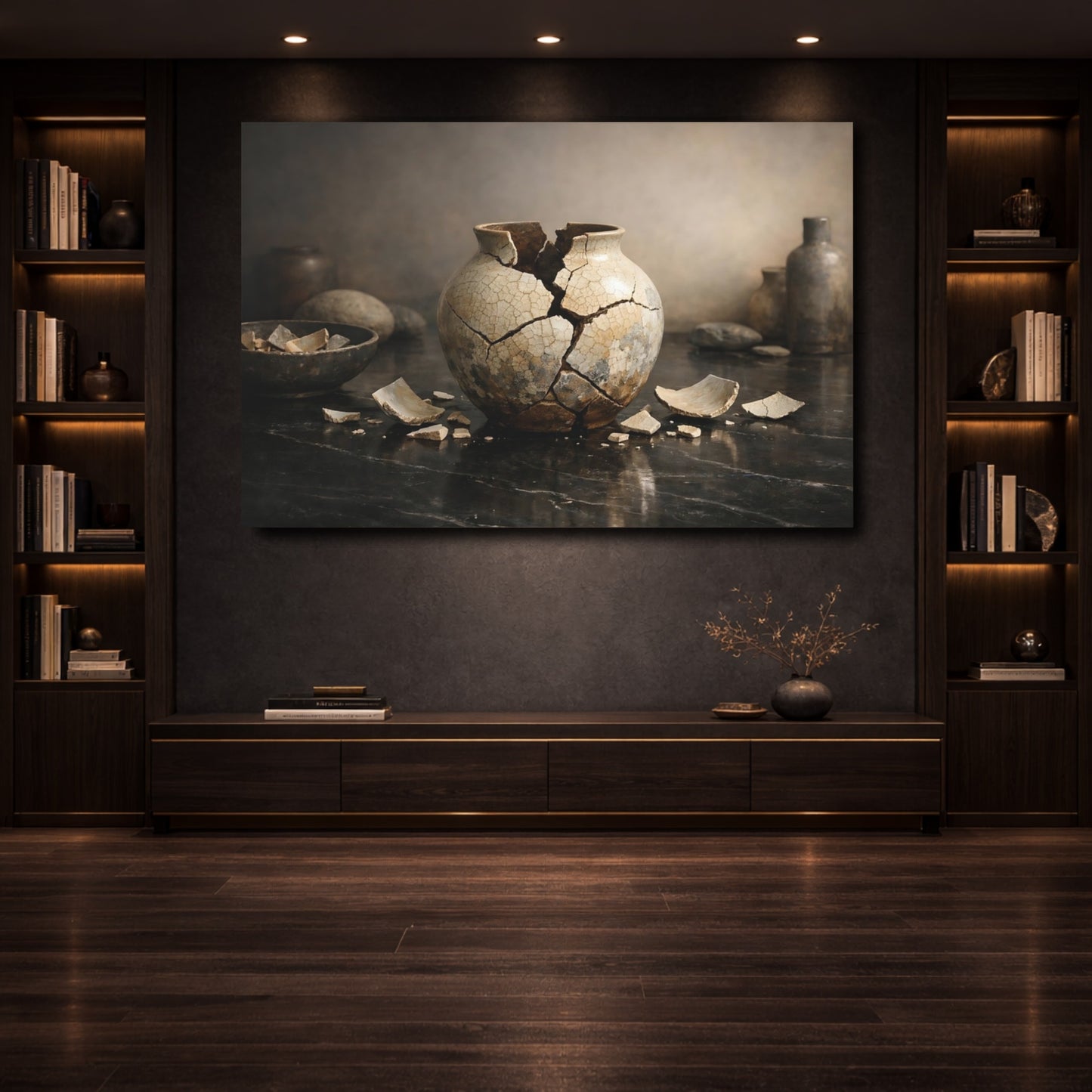 Mockup 3. Vintage Broken Vase Broken Pottery Still Life shown as stretched canvas wall art