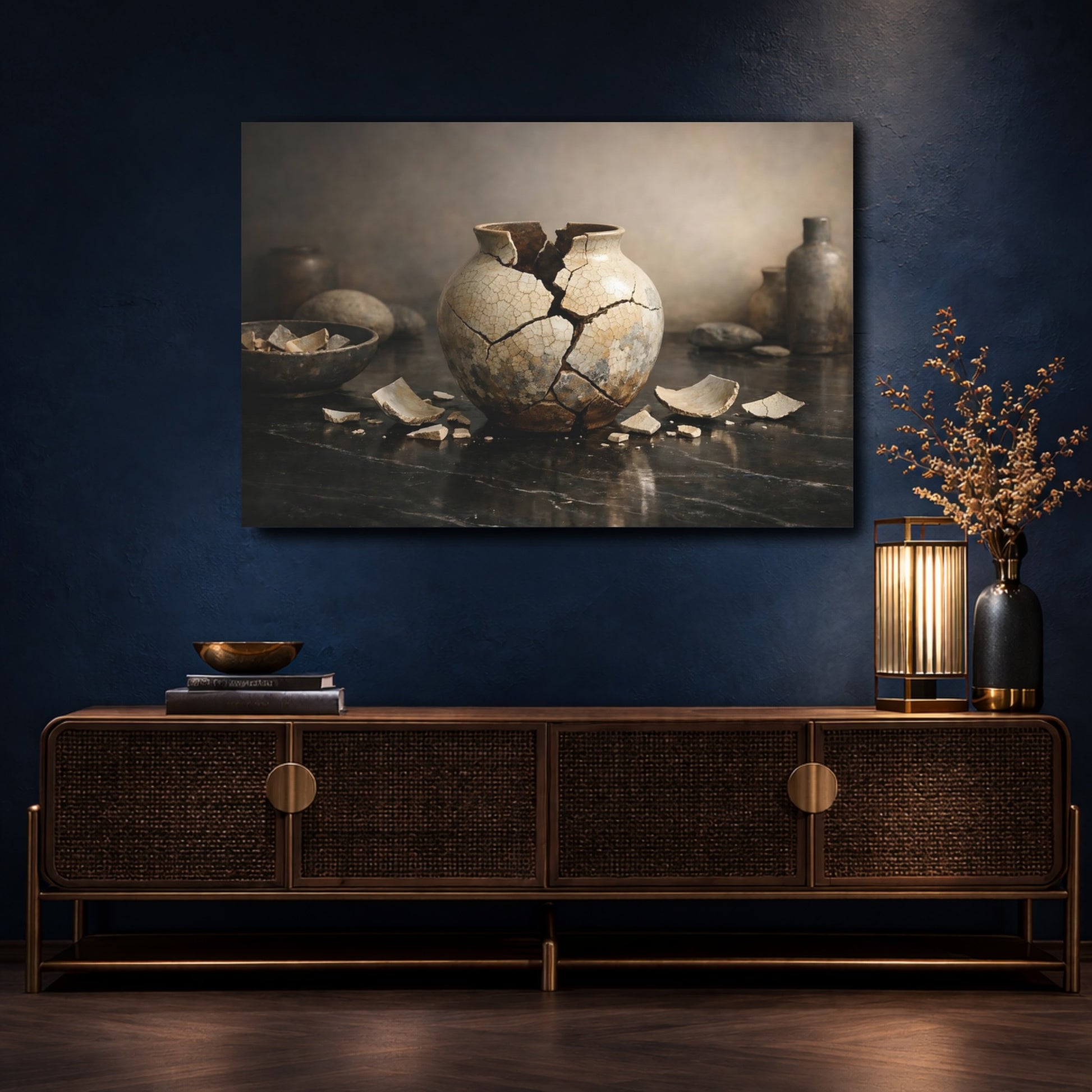 Mockup 4. Vintage Broken Vase Broken Pottery Still Life shown as stretched canvas wall art