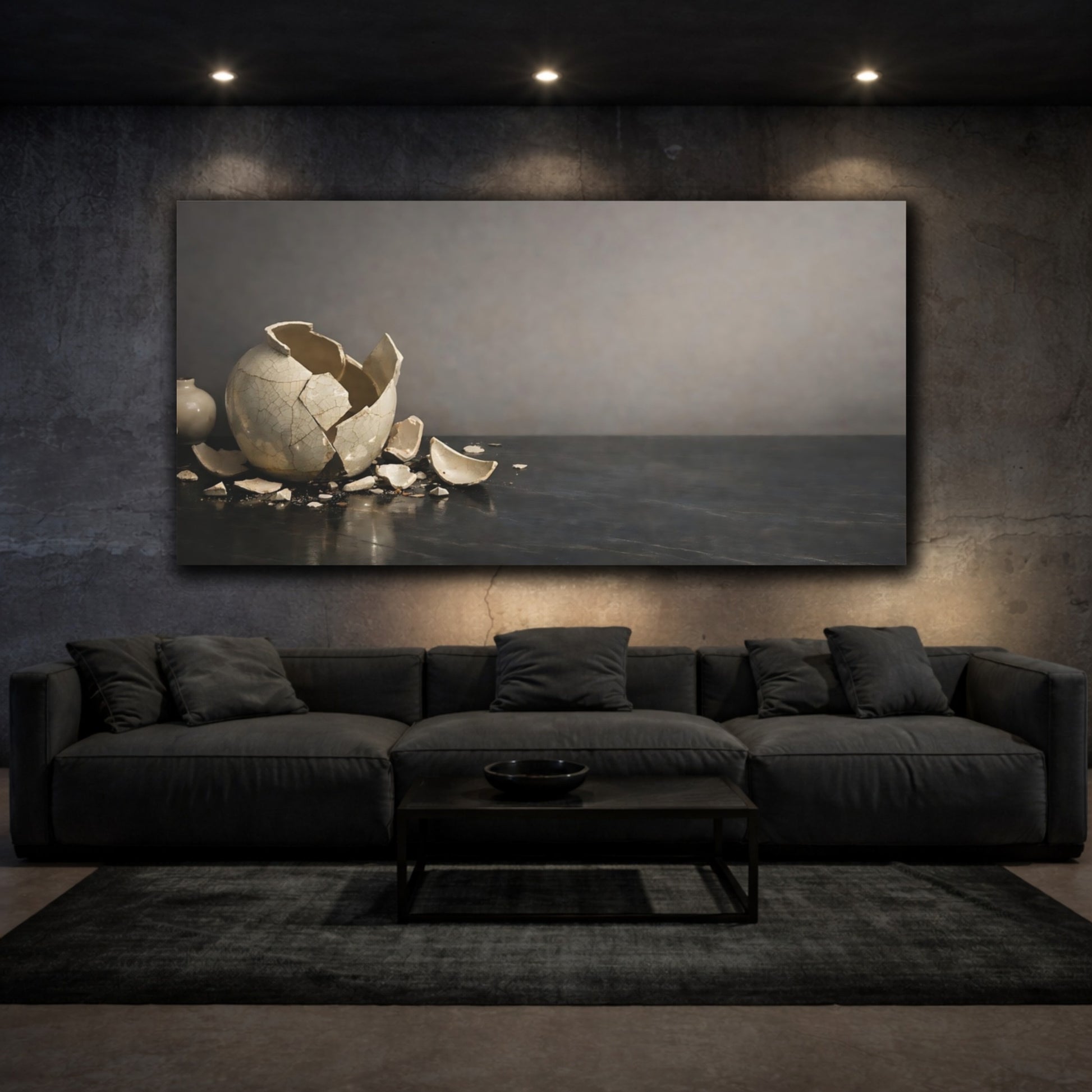 Mockup 2. Vintage Broken Vase Broken Vase Grey shown as stretched canvas wall art