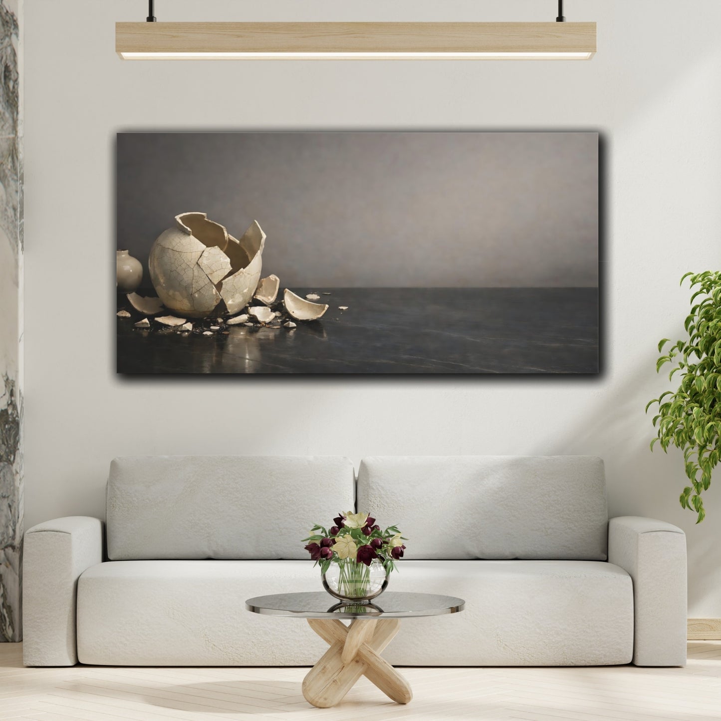 Mockup 3. Vintage Broken Vase Broken Vase Grey shown as stretched canvas wall art