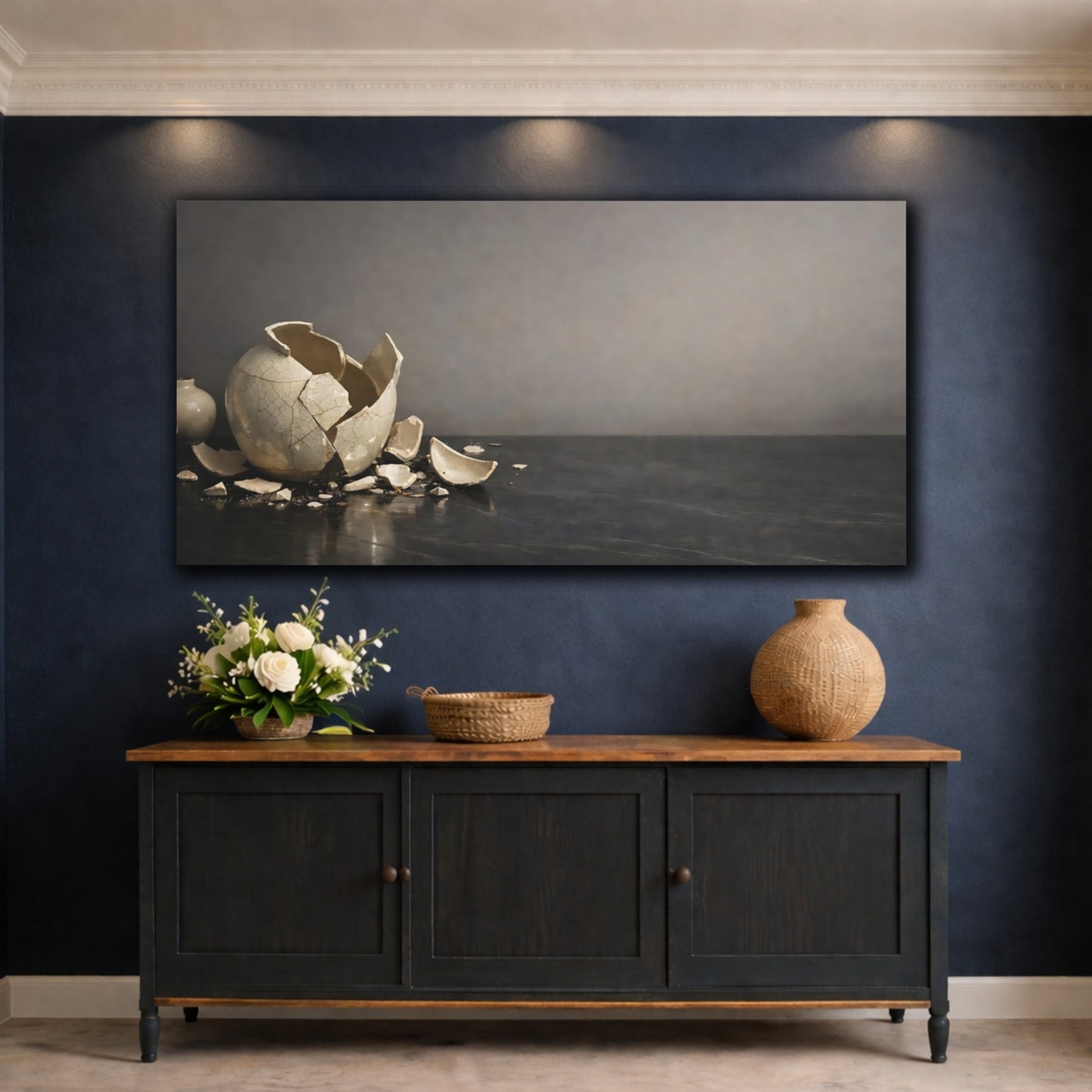 Mockup 4. Vintage Broken Vase Broken Vase Grey shown as stretched canvas wall art