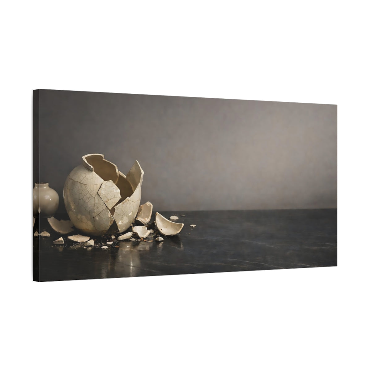 Side Mockup 2. Vintage Broken Vase Broken Vase Grey shown as stretched canvas wall art