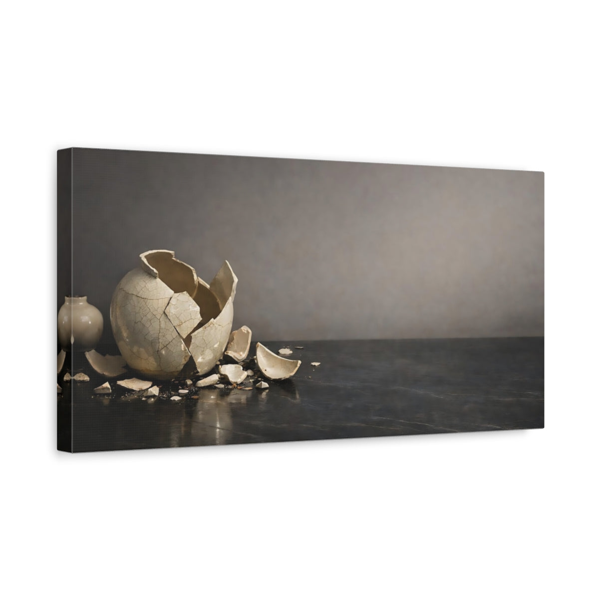 Side Mockup 3. Vintage Broken Vase Broken Vase Grey shown as stretched canvas wall art