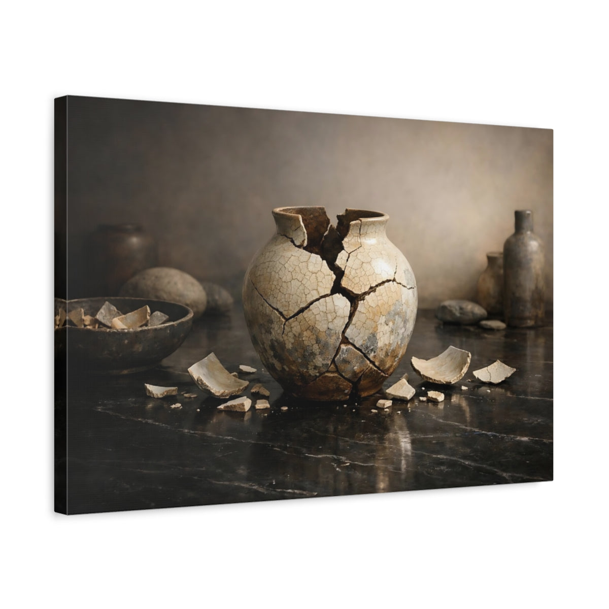 Side Mockup 3. Vintage Broken Vase Broken Pottery Still Life shown as stretched canvas wall art