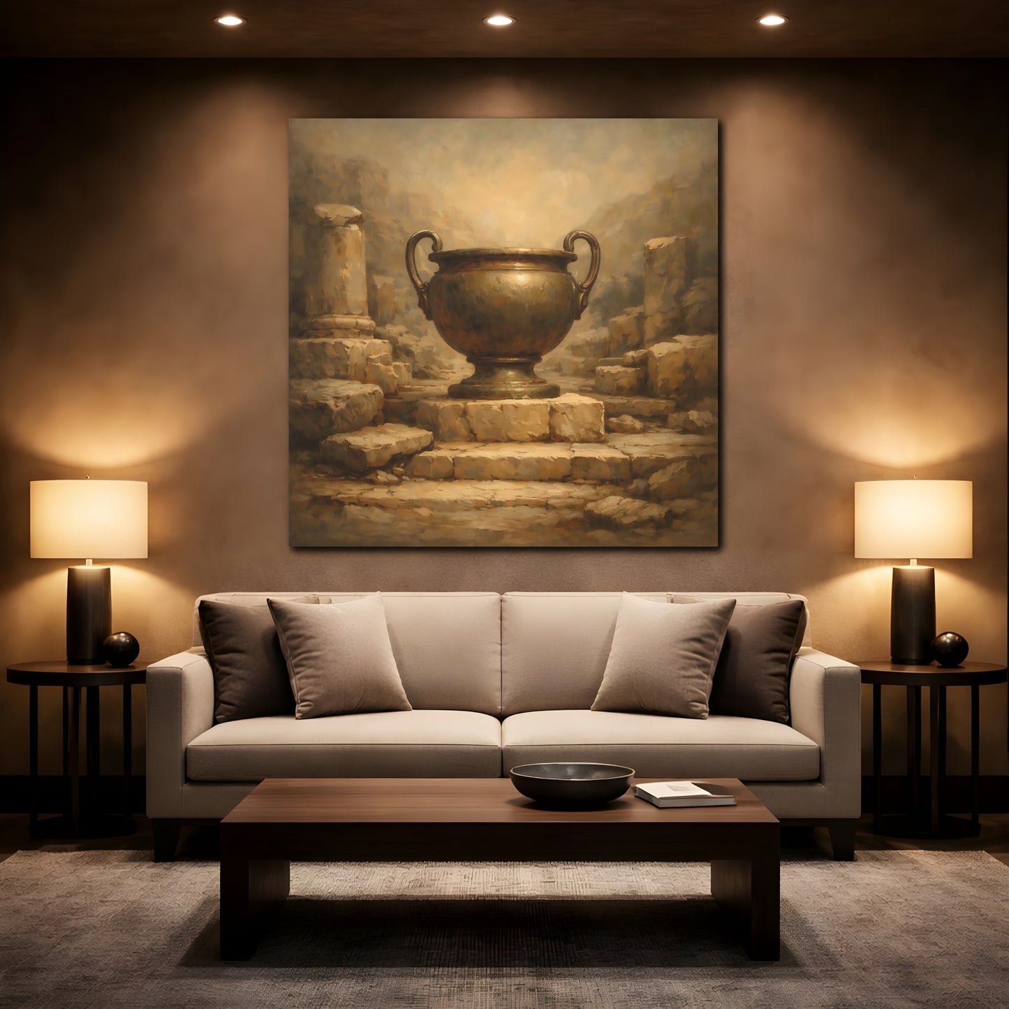 Mockup 2. Vintage Bronze Urn Bronze Urn Art shown as stretched canvas wall art