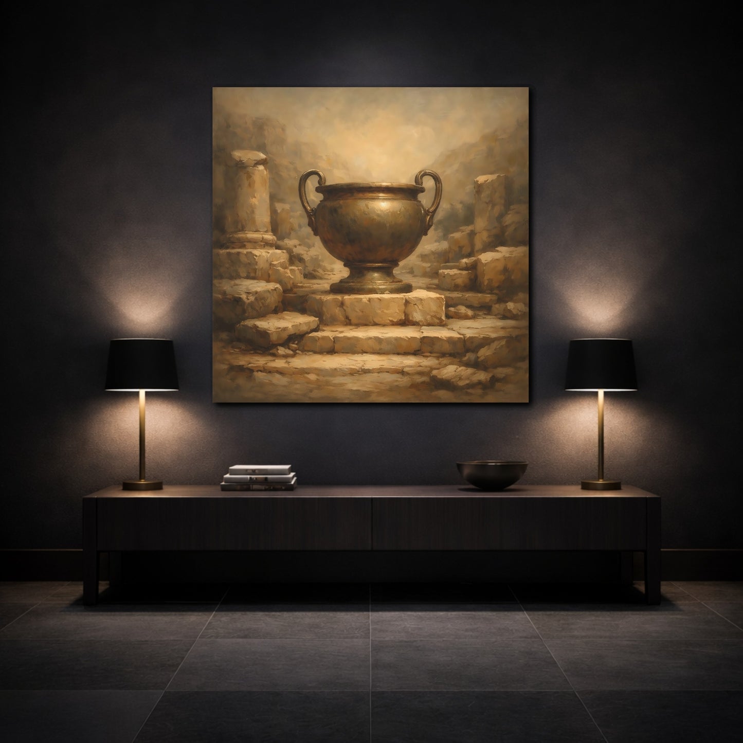 Mockup 3. Vintage Bronze Urn Bronze Urn Art shown as stretched canvas wall art