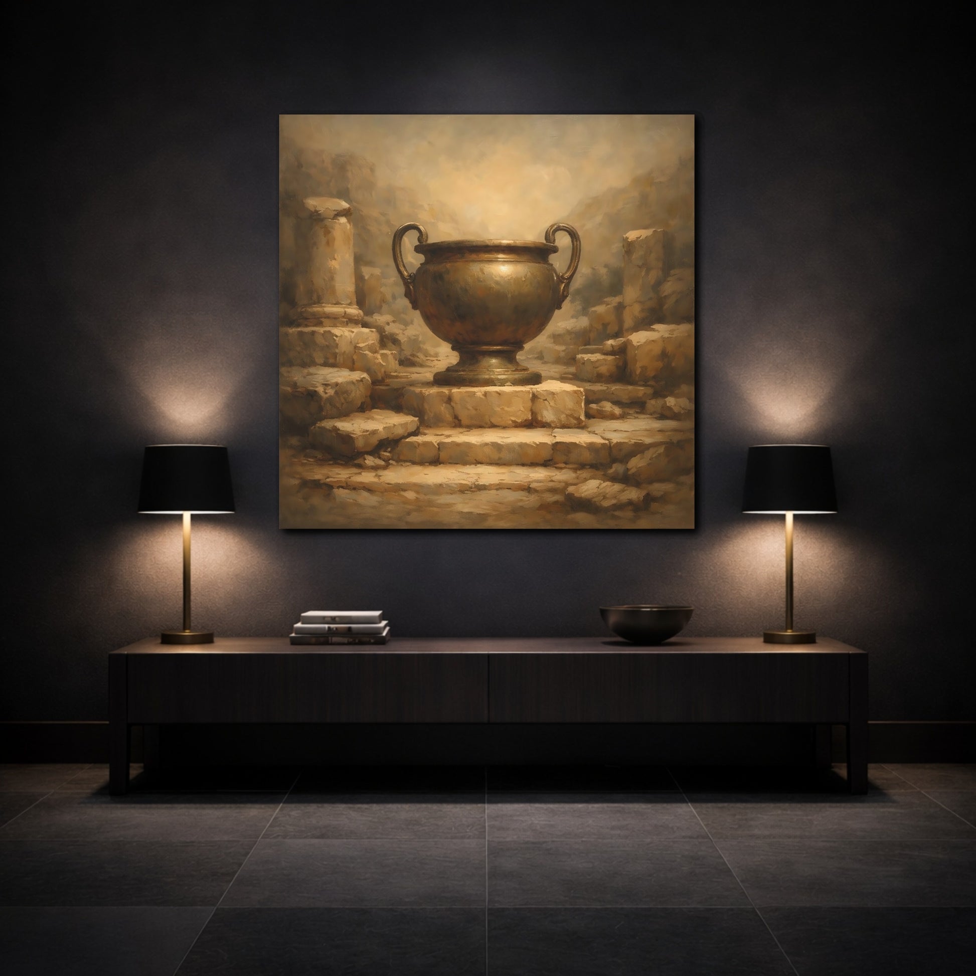Mockup 3. Vintage Bronze Urn Bronze Urn Art shown as stretched canvas wall art