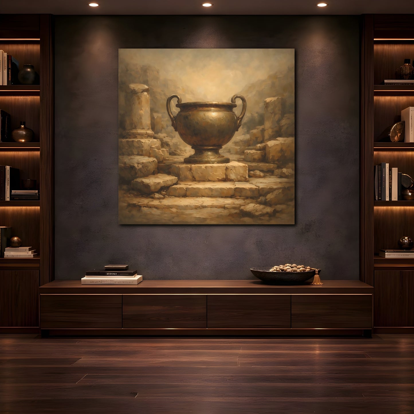 Mockup 4. Vintage Bronze Urn Bronze Urn Art shown as stretched canvas wall art
