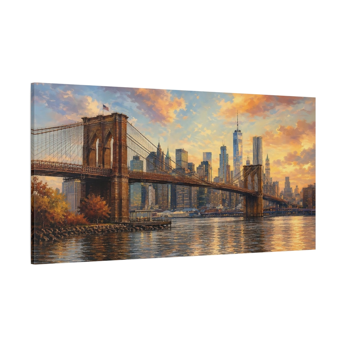 Side Mockup 2. Vintage Brooklyn Bridge Golden Cityscape shown as stretched canvas wall art