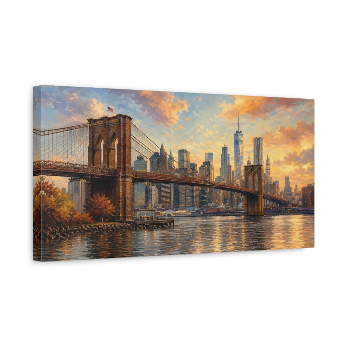 Side Mockup 3. Vintage Brooklyn Bridge Golden Cityscape shown as stretched canvas wall art