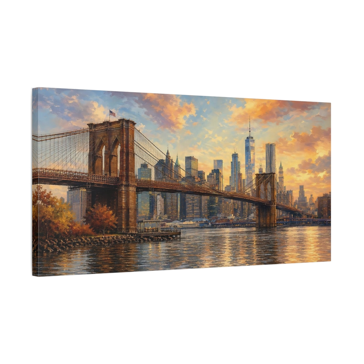 Side Mockup 1. Vintage Brooklyn Bridge Golden Cityscape shown as stretched canvas wall art