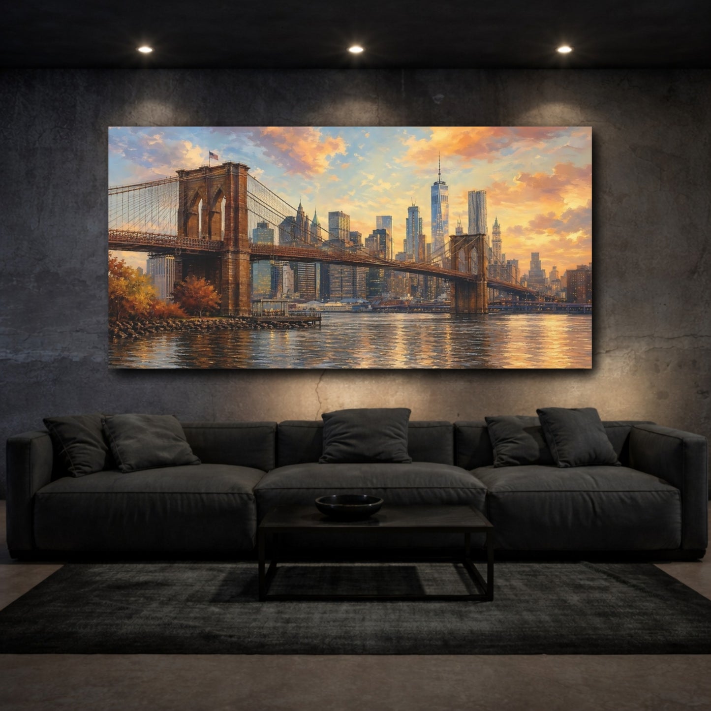 Mockup 2. Vintage Brooklyn Bridge Golden Cityscape shown as stretched canvas wall art