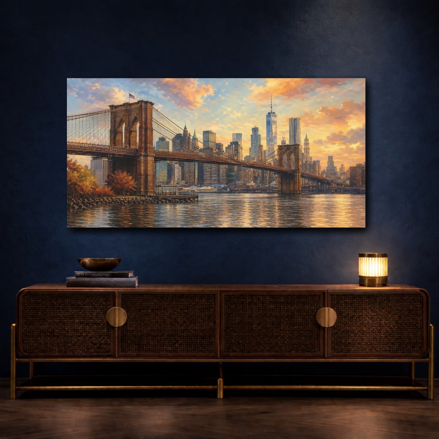 Mockup 3. Vintage Brooklyn Bridge Golden Cityscape shown as stretched canvas wall art