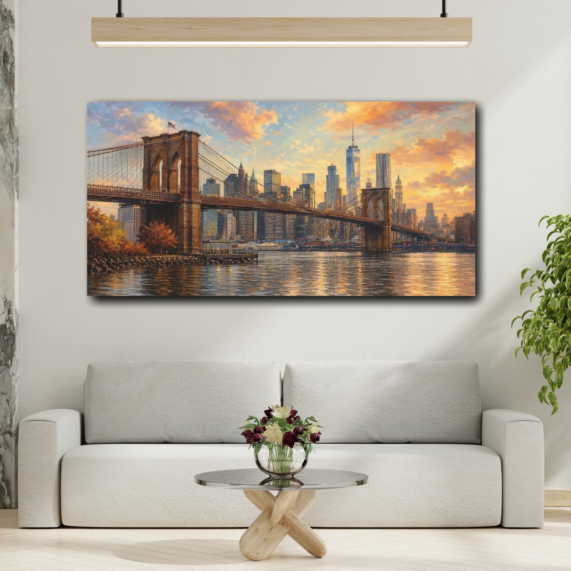 Mockup 4. Vintage Brooklyn Bridge Golden Cityscape shown as stretched canvas wall art