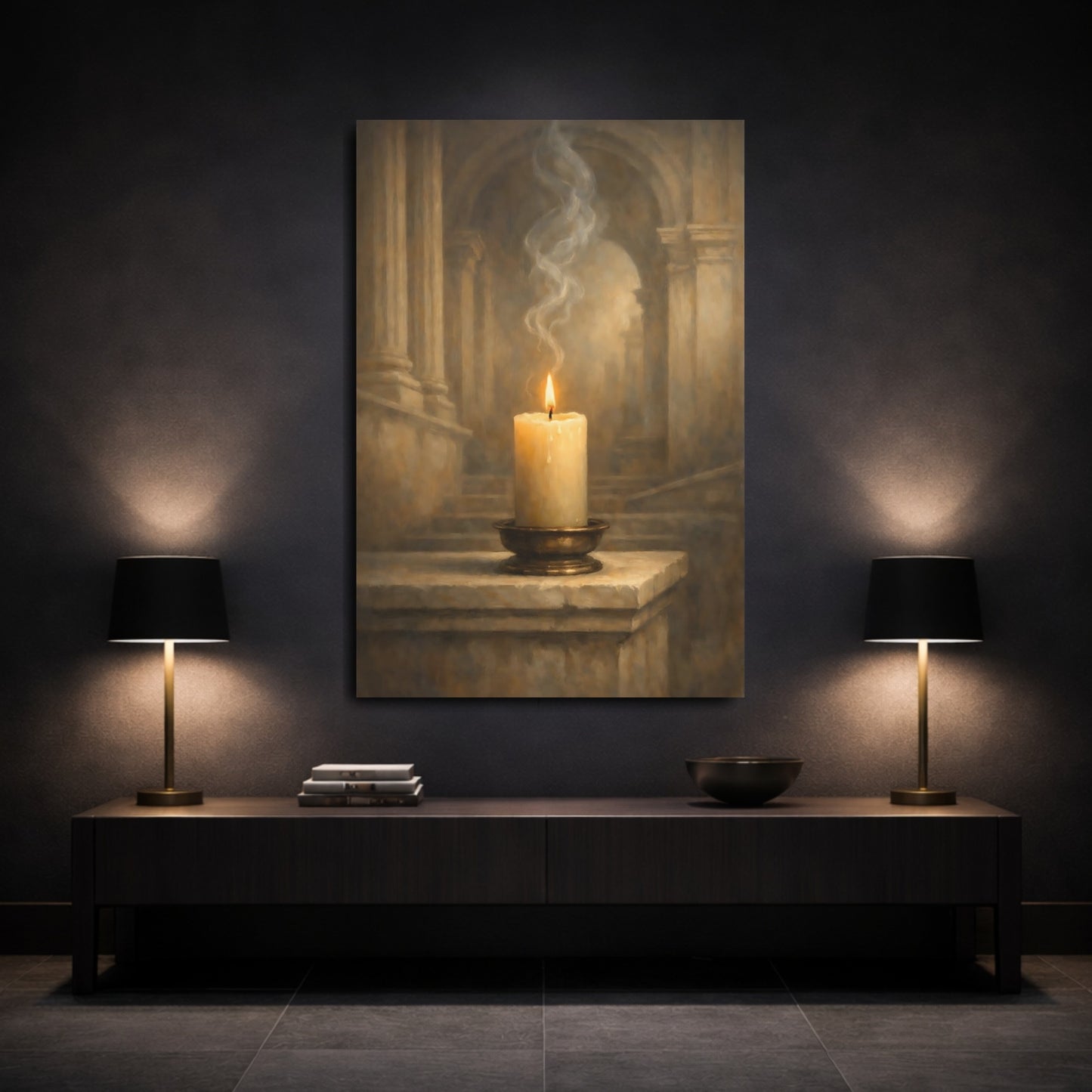 Mockup 2. Vintage Burning Candle Brown And Gold Candle shown as stretched canvas wall art