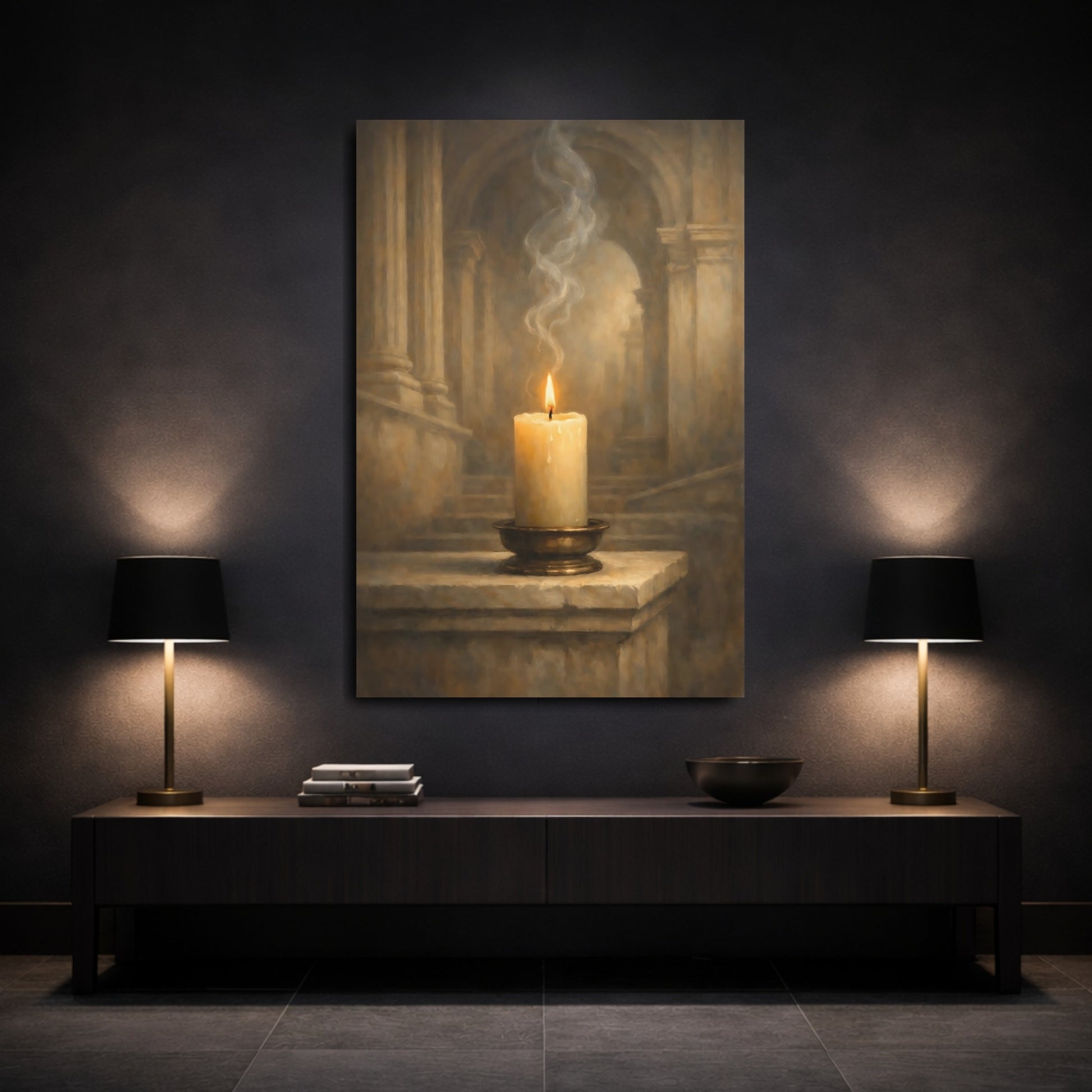 Mockup 2. Vintage Burning Candle Brown And Gold Candle shown as stretched canvas wall art