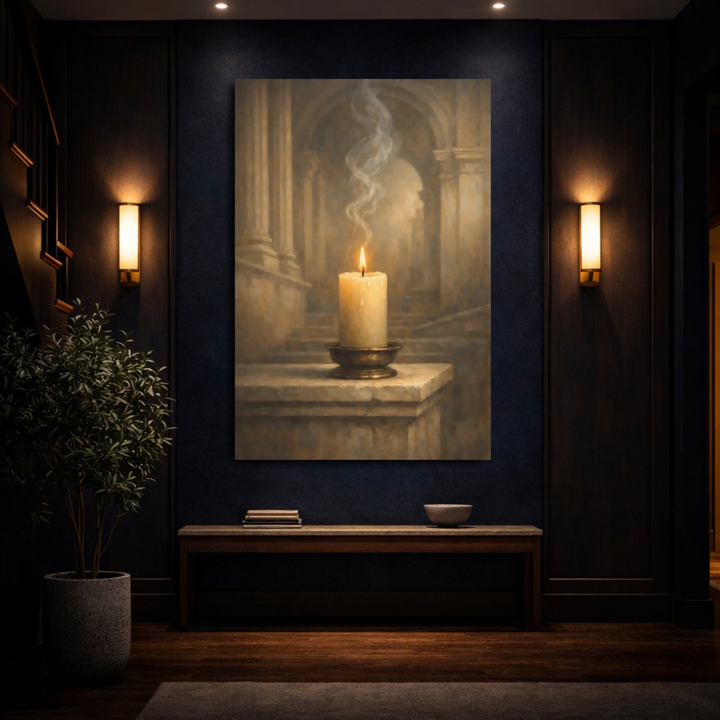 Mockup 3. Vintage Burning Candle Brown And Gold Candle shown as stretched canvas wall art