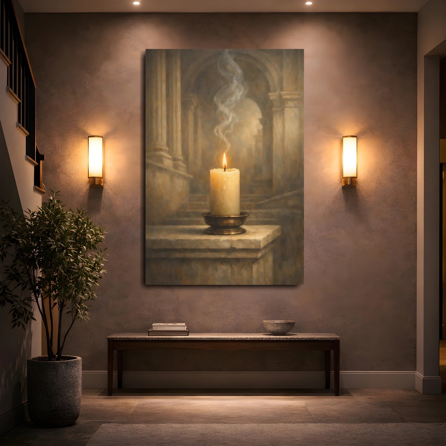 Mockup 4. Vintage Burning Candle Brown And Gold Candle shown as stretched canvas wall art