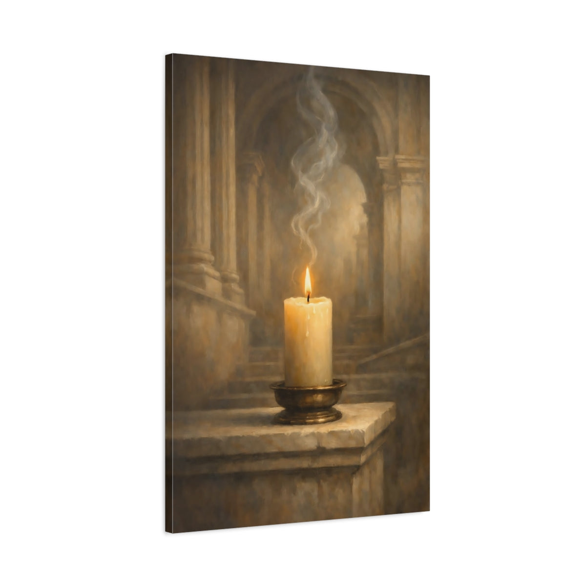 Side Mockup 1. Vintage Burning Candle Brown And Gold Candle shown as stretched canvas wall art