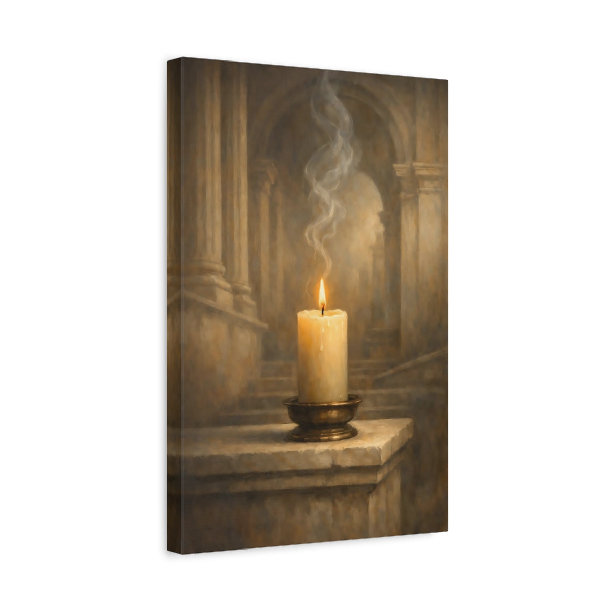 Side Mockup 4. Vintage Burning Candle Brown And Gold Candle shown as stretched canvas wall art
