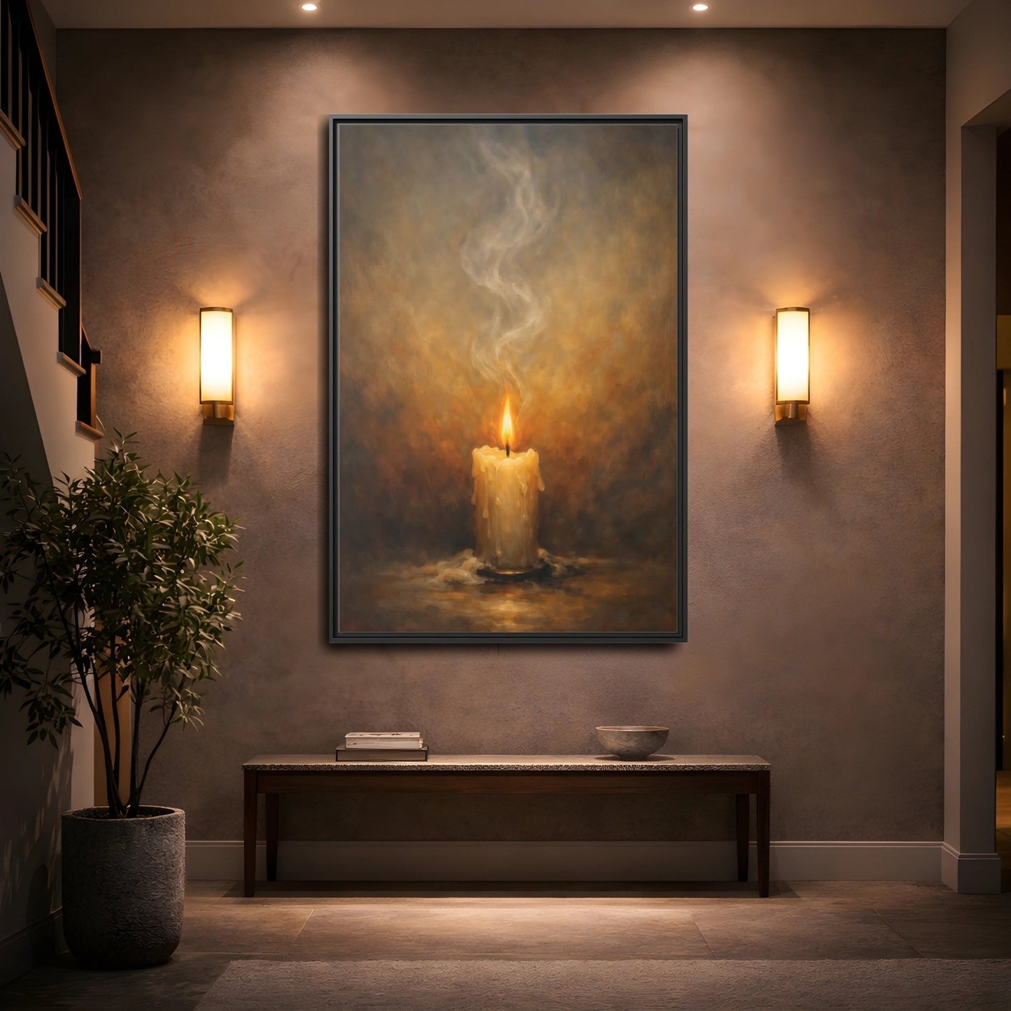 Vintage Burning Candle Brown - Framed Canvas Wall Art Print - YesArtYes