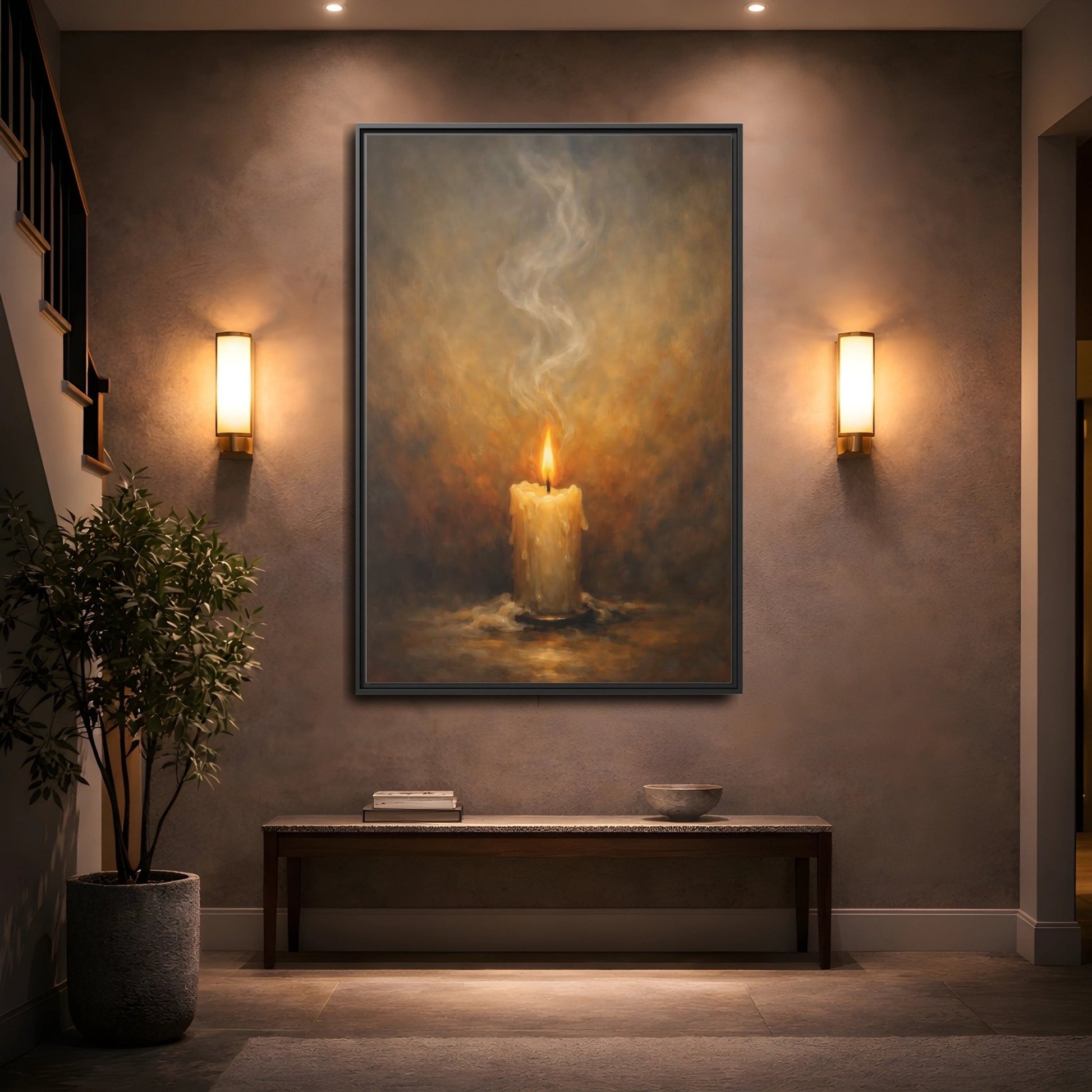 Vintage Burning Candle Brown - Framed Canvas Wall Art Print - YesArtYes