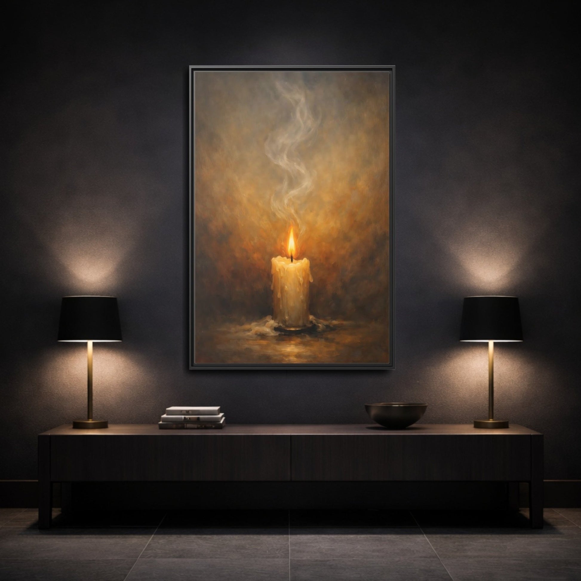 Vintage Burning Candle Brown - Framed Canvas Wall Art Print - YesArtYes