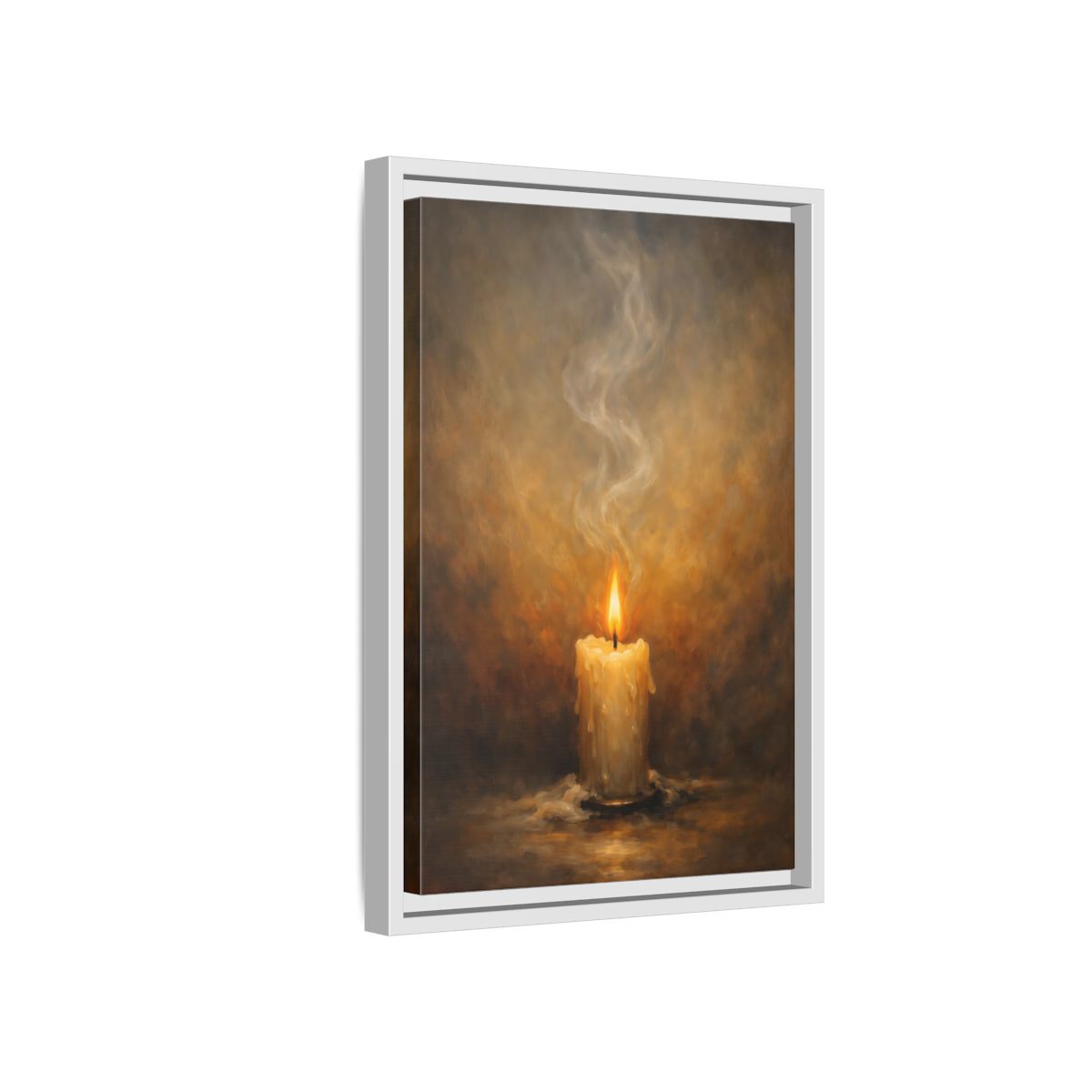 Side Mockup 4. Vintage Burning Candle Brown And Orange shown as stretched canvas wall art