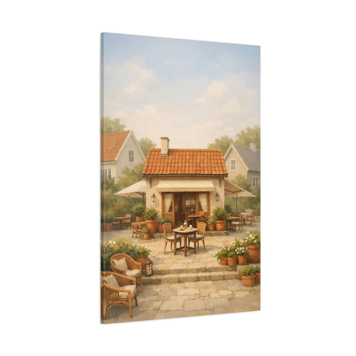 Main Mockup. Vintage Cafe Patio Rustic Cafe Scene shown as stretched canvas wall art