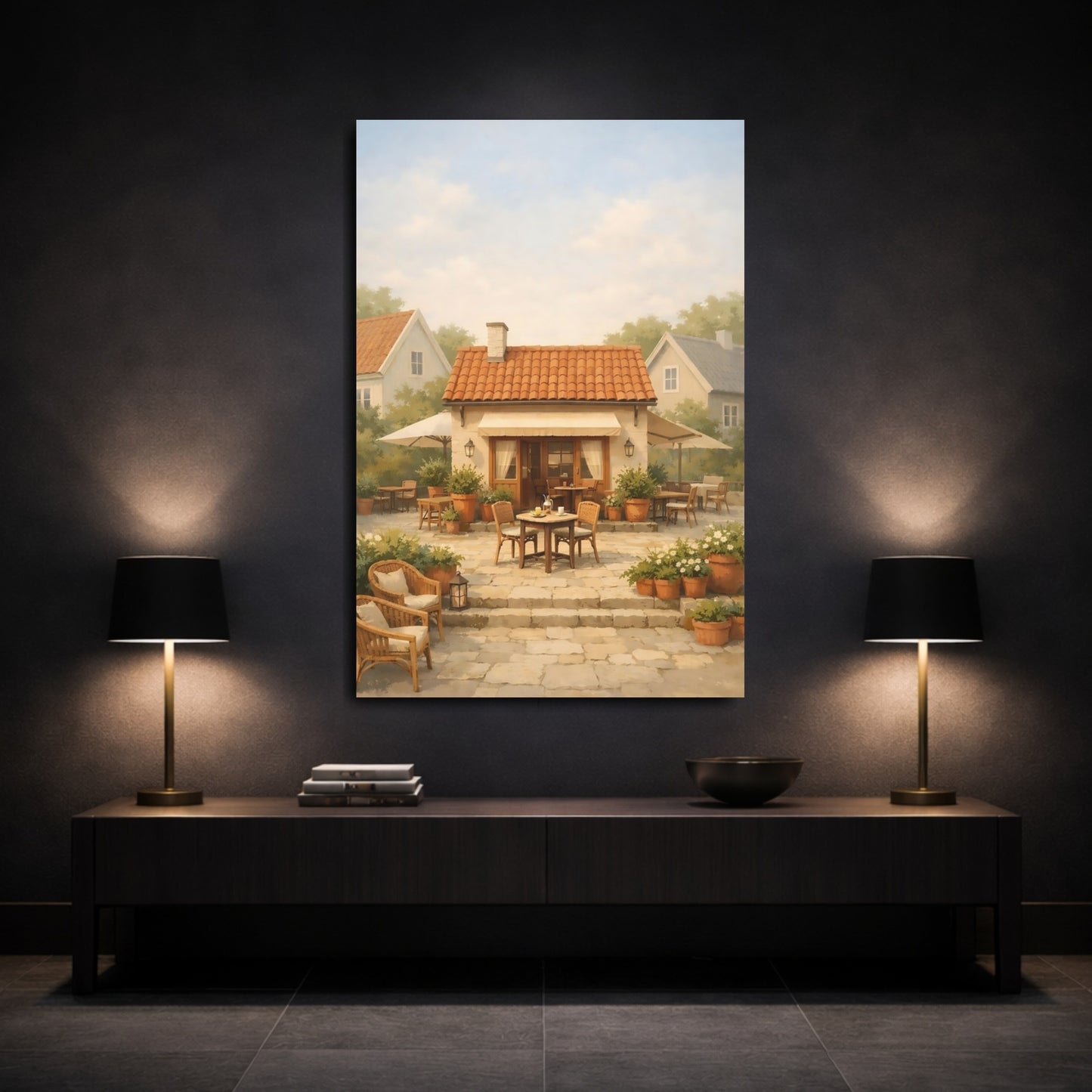 Mockup 2. Vintage Cafe Patio Rustic Cafe Scene shown as stretched canvas wall art
